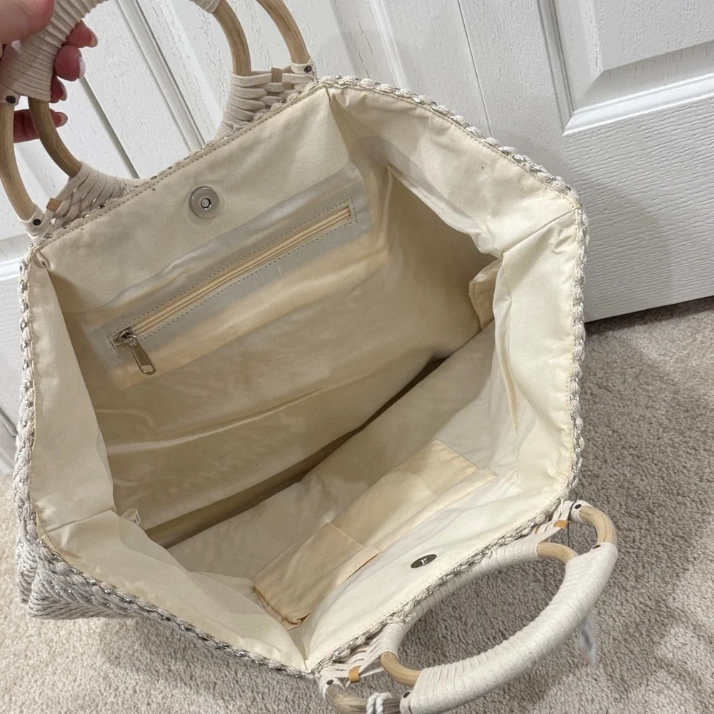 Francesca's Collections Natural Woven Circle-Handle Tote with Tassel